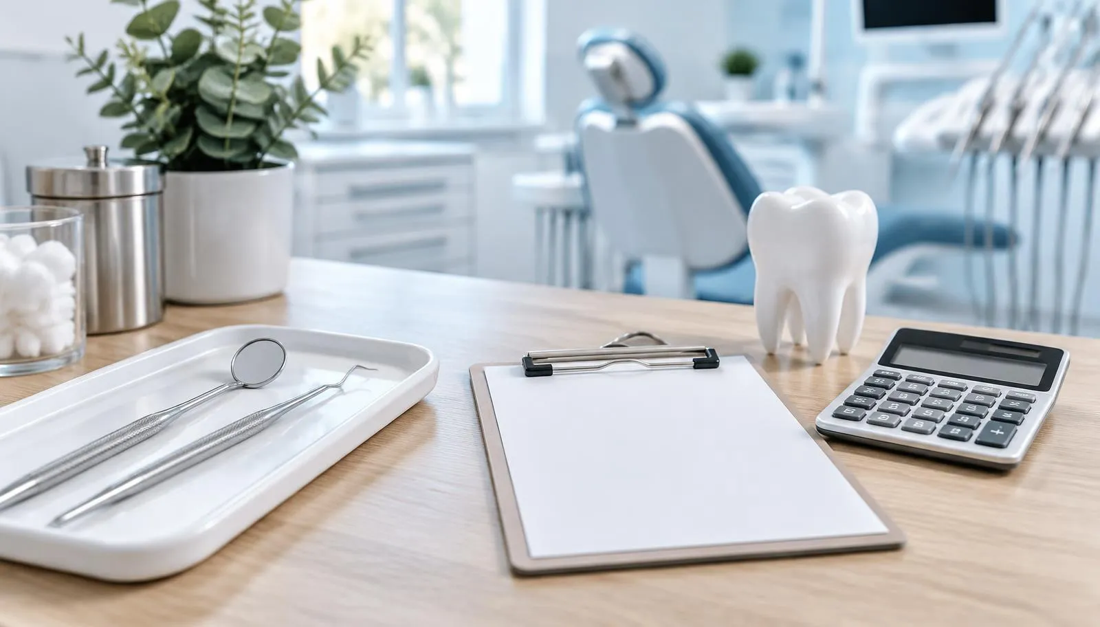 أدوات طب الأسنان ونموذج أسنان وآلة حاسبة وقائمة أسعار على سطح عمل في غرفة علاج مضيئة