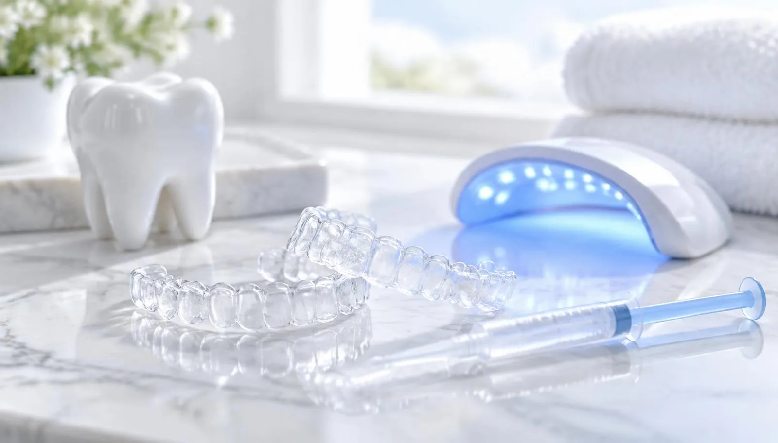 قوالب تبييض شفافة وجل تبييض ومصباح LED أزرق ونموذج أسنان على سطح رخامي فاتح