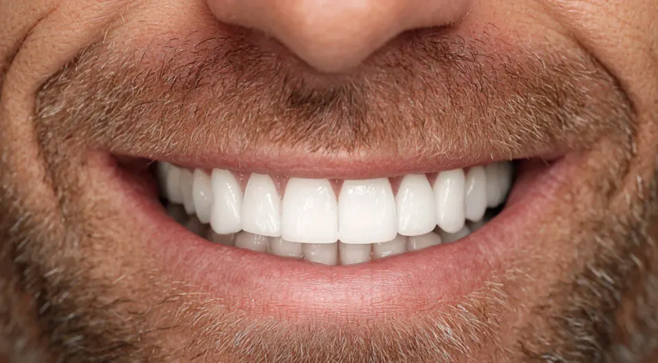 Zbliżenie naturalnego uśmiechu mężczyzny z idealnie białymi zębami po wybielaniu zębów w Bel Sorriso Tandklinik Helsingborg